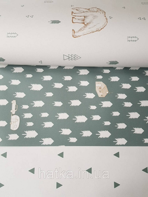 Обои флизелиновые детские  Caselio Our Planet деревья елки домики палатки машины белые на сером Киев - изображение 2