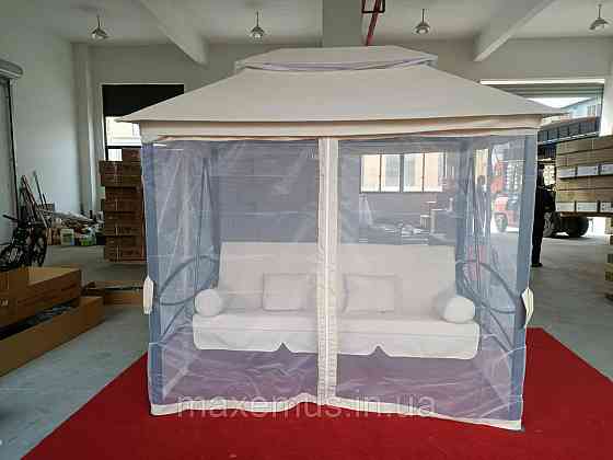 Садовые качели Bonro JD3060 4-х местная раскладная с навесом и москитной сеткой для сада и террасы бежевая Мостиська