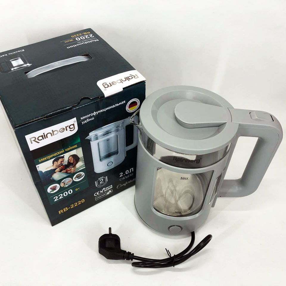 Сучасний електрочайник скляний Rainberg RB-2220 2200 Вт 2 л, Чайник дисковий, Тихий побутовий чайник TK-45 Івано-Франківськ - фото 6