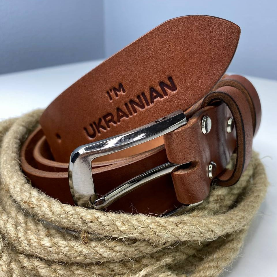 Чоловічий ремінь з натуральної шкіри для джинсів, шкіряний пояс з тисненням Im Ukrainian, коричневийMasterSem Київ - фото 2
