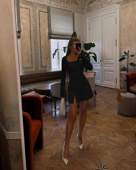 Женское базовое мини платье с рукавом креп дайвинг Черный, 42/44 Одесса - изображение 2