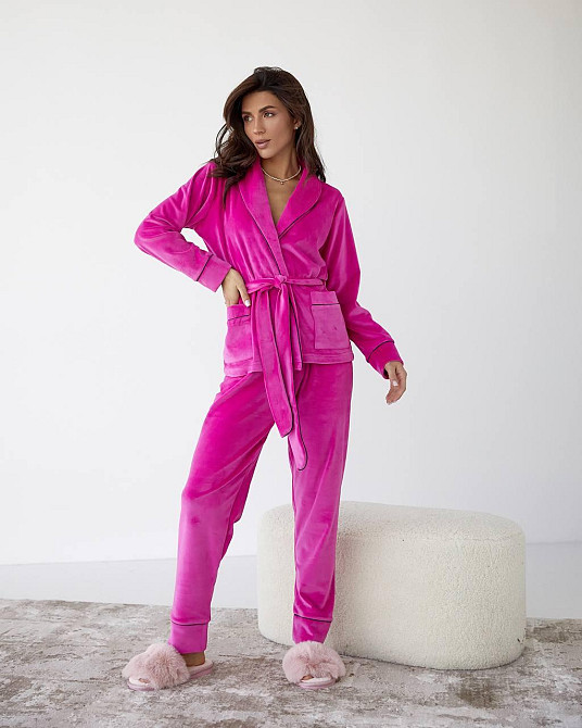 Домашний костюм на запах с поясом Малиновый L Харьков - изображение 3