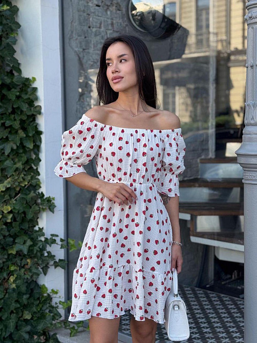 Женское романтическое легкое принтованное платье с открытыми плечами муслин Белый 2, 46/48 Одесса - изображение 4