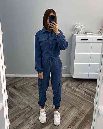 Женский стильный базовый костюм двойка из микровельвета Джинс, 42/44 Одесса