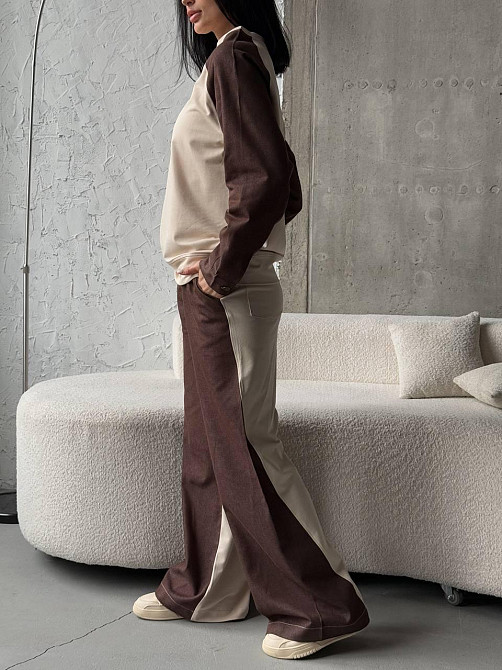 Жіночий ефектний комбінований костюм-двійка: кофта та штани джинс-котон + турецька двонитка Шоколадний, 46/48 Одеса - фото 8