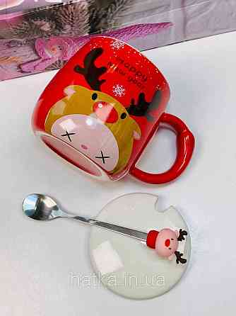 Кухоль з кришкою і ложкою керамічна новорічна Olens "Веселий олень" 370 мл 102-1087 Київ