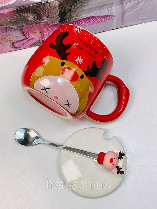 Кухоль з кришкою і ложкою керамічна новорічна Olens "Веселий олень" 370 мл 102-1087 Київ - фото 2