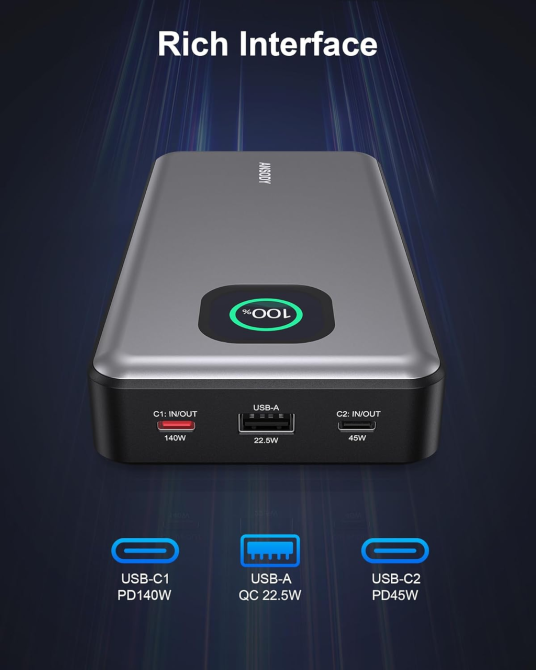 Power Bank Ansody 140W 25000mAh PD 3.1: Швидка зарядка для MacBook, iPhone 16/17 та Steam Deck, Smart-дисплей, Сріблястий Уцінка Київ - фото 9