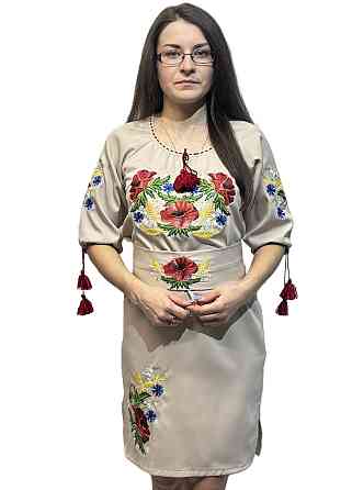 Жіноча вишита сукня з поясом з чарівними Маками і колосками  бежева Київ