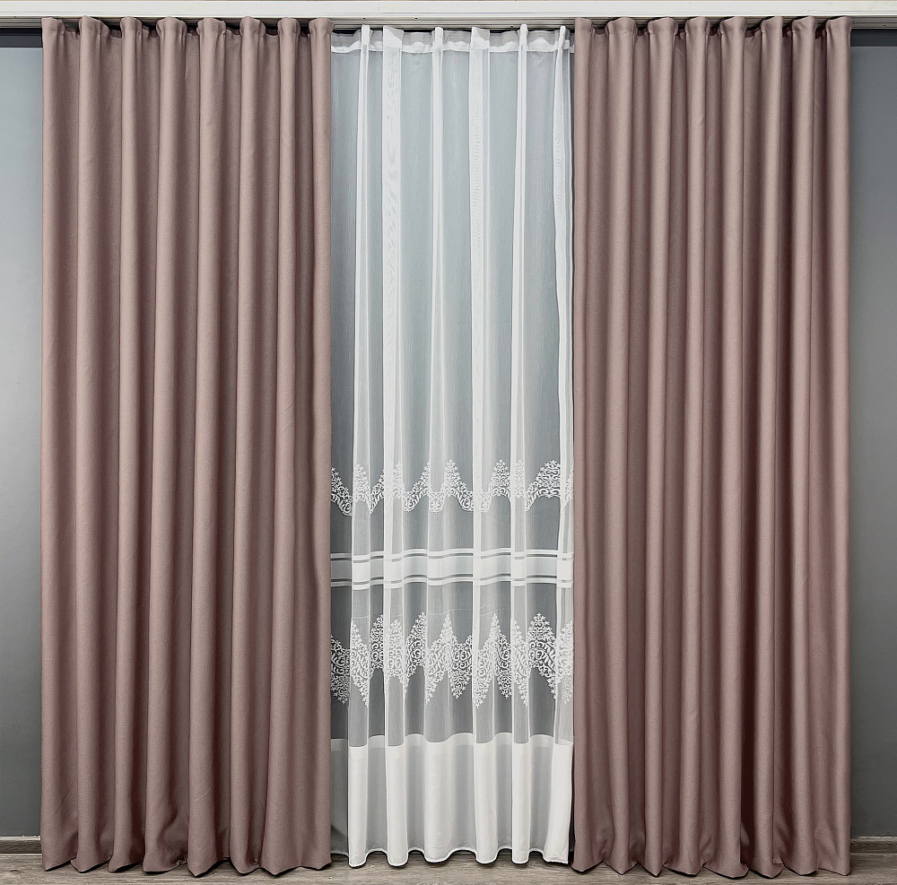 Комплект штор VR-Textil рогожка преміум TERRA LUXE 150х270 2шт і Тюль 400х270 1863ш-1704т Пудровий з білим 71-112/3 Київ - фото 3