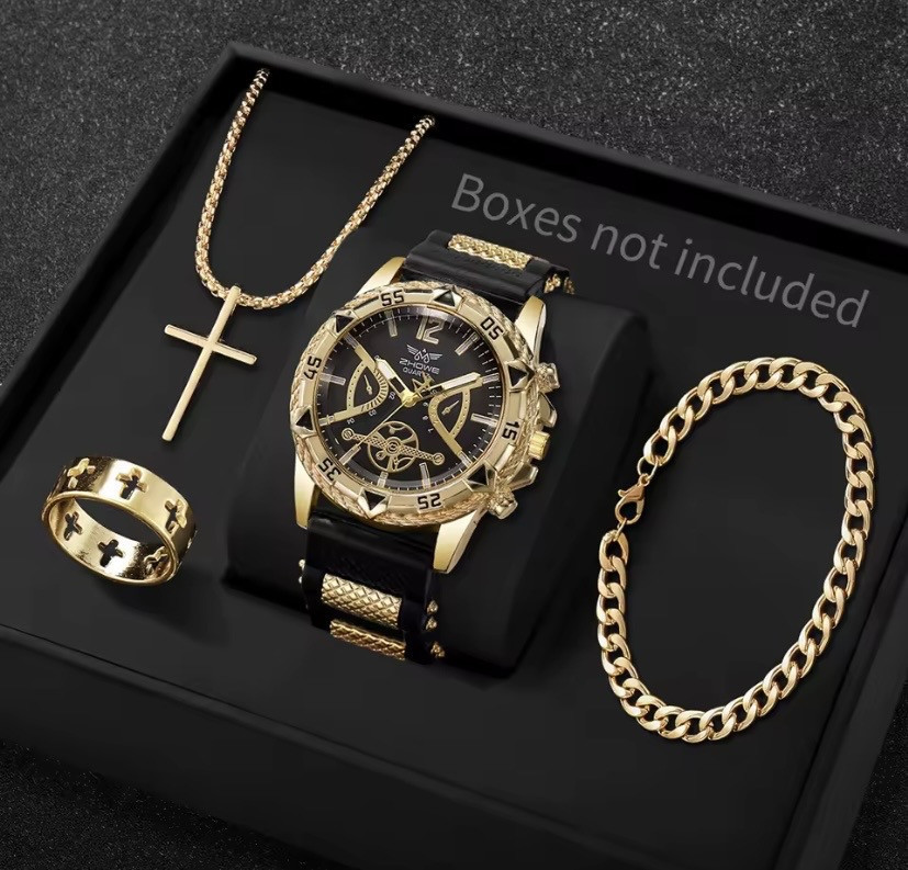 Подарунковий набір для чоловіків наручний годинник Стиль з браслетом і ланцюжок з хрестиком та кільце золотистий Київ - фото 1