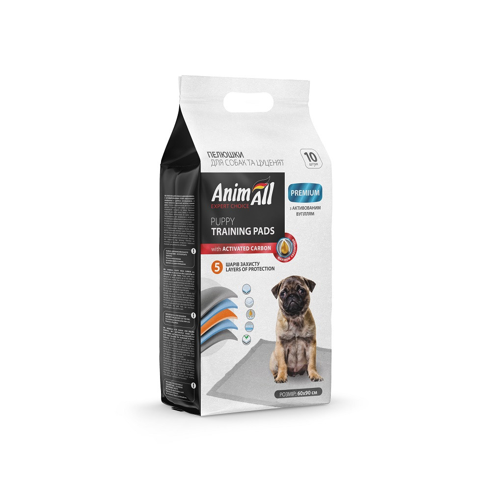 Пелюшки AnimAll Puppy Training Pads для собак і цуценят, з активованим вугіллям, 60×90 см, 10 шт Київ - фото 1