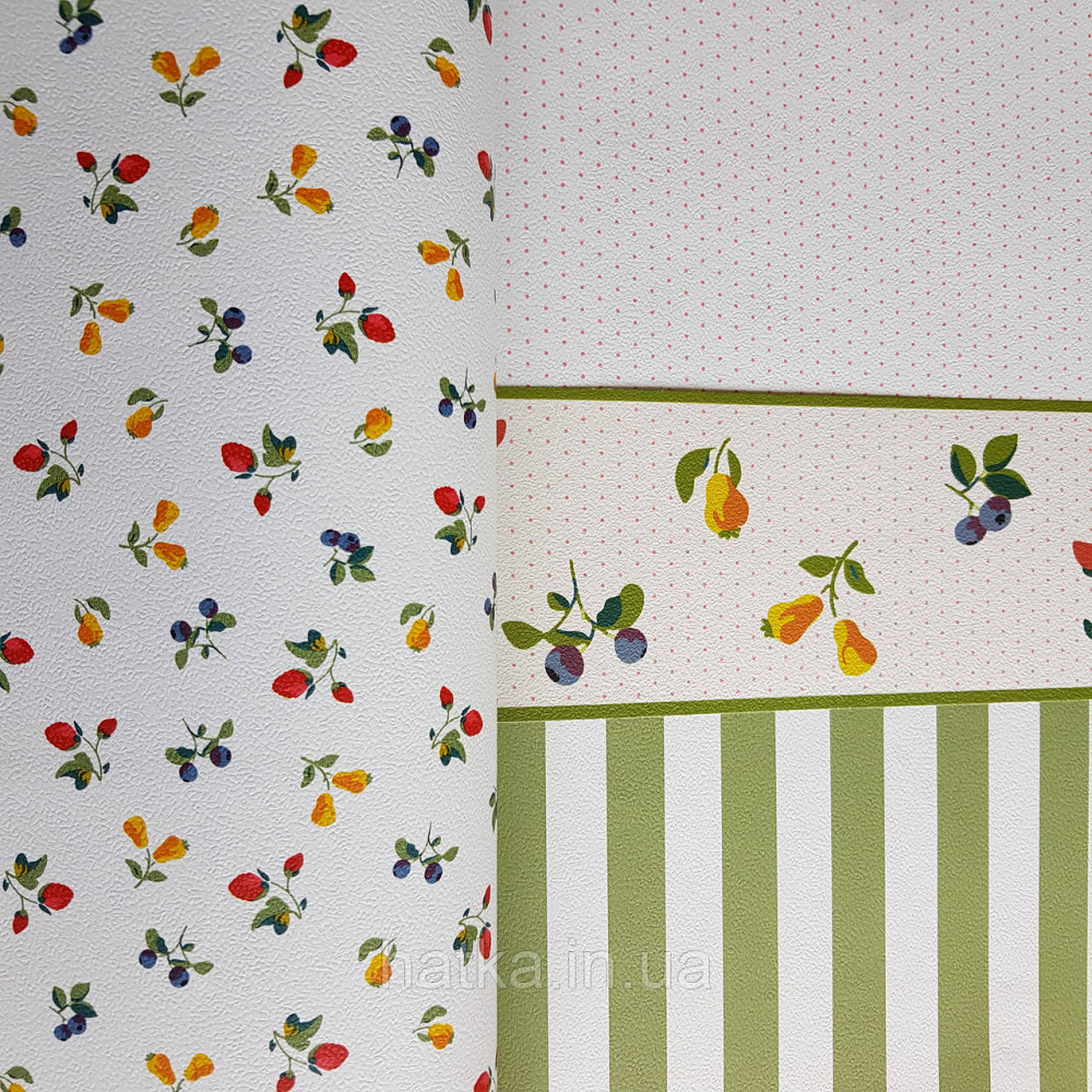 Шпалери вінілові на флізелін 0.53х10.05 Rasch Textil Petite Fleur 5 для кухні фрукти полуниця груші на білому Київ - фото 3