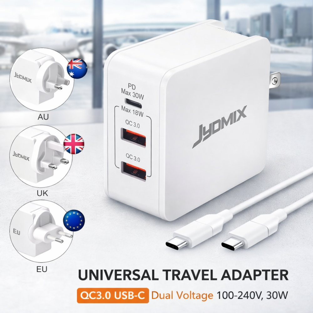 Універсальний мережевий зарядний пристрій JYDMIX (30W, PD3.0, QC3.0) — USB-C + 2xUSB-A, набір перехідників для подорожей Київ - фото 1