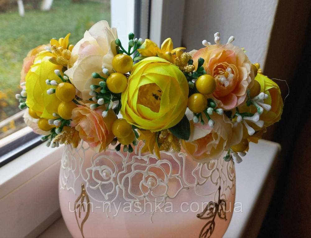 Ободок обруч з квітами "Піони середній жовтий" Кривий Ріг - фото 1