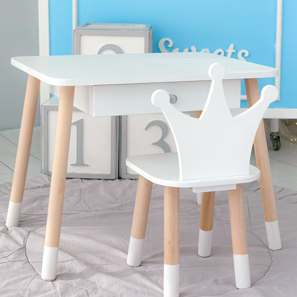 Детский столик и стульчик корона белый. Столик с ящиком для карандашей и разукрашек 66928 Киев - изображение 1