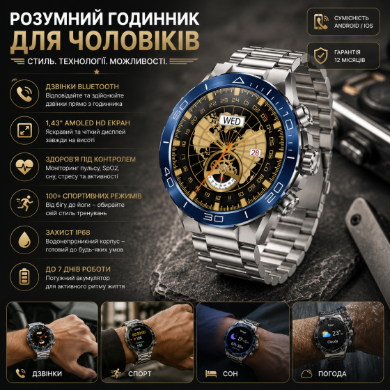 Мужские тактические смарт-часы Kesasoxe с AMOLED экраном водонепроницаемые армейские умные часы с вызовами Киев