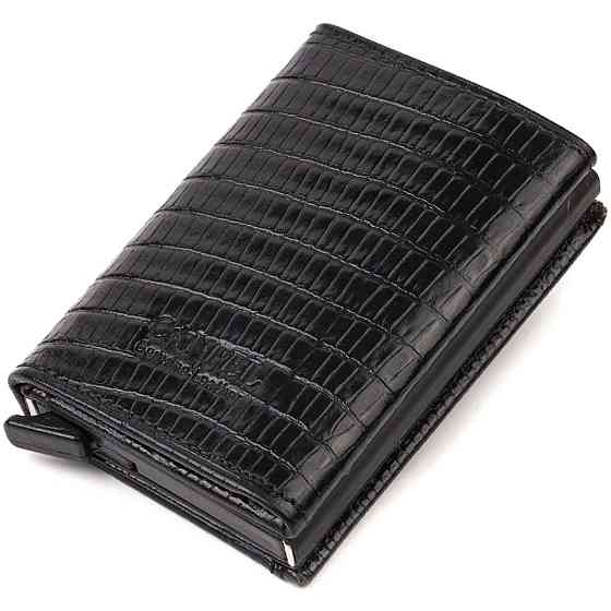 Фактурный картхолдер унисекс в три сложения с автоматическим механизмом из натуральной кожи с тиснением CANPELLINI 21931 Черный Киев