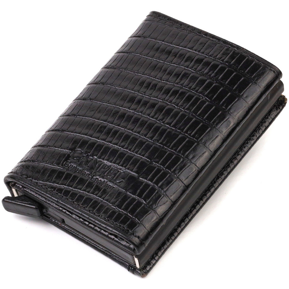 Фактурний картхолдер унісекс у три складання з автоматичним механізмом з натуральної шкіри з тисненням CANPELLINI 21931 Чорний Київ - фото 1