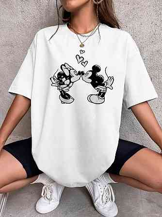 Футболка оверсайз жіноча довга з малюнком Білий Мікі+Мінні 42/44 Харків
