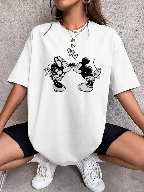 Футболка оверсайз женская длинная с рисунком Белый Микки+Минни 42/44 Харьков - изображение 1