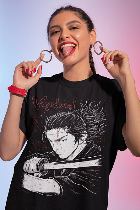 Футболка для хлопчика з аніме принтом Самураі Манга Аестхетік Мусасхі оверсайз (зріст від 165 до 180) Чорний AnimeJ0267m Дніпро - фото 1