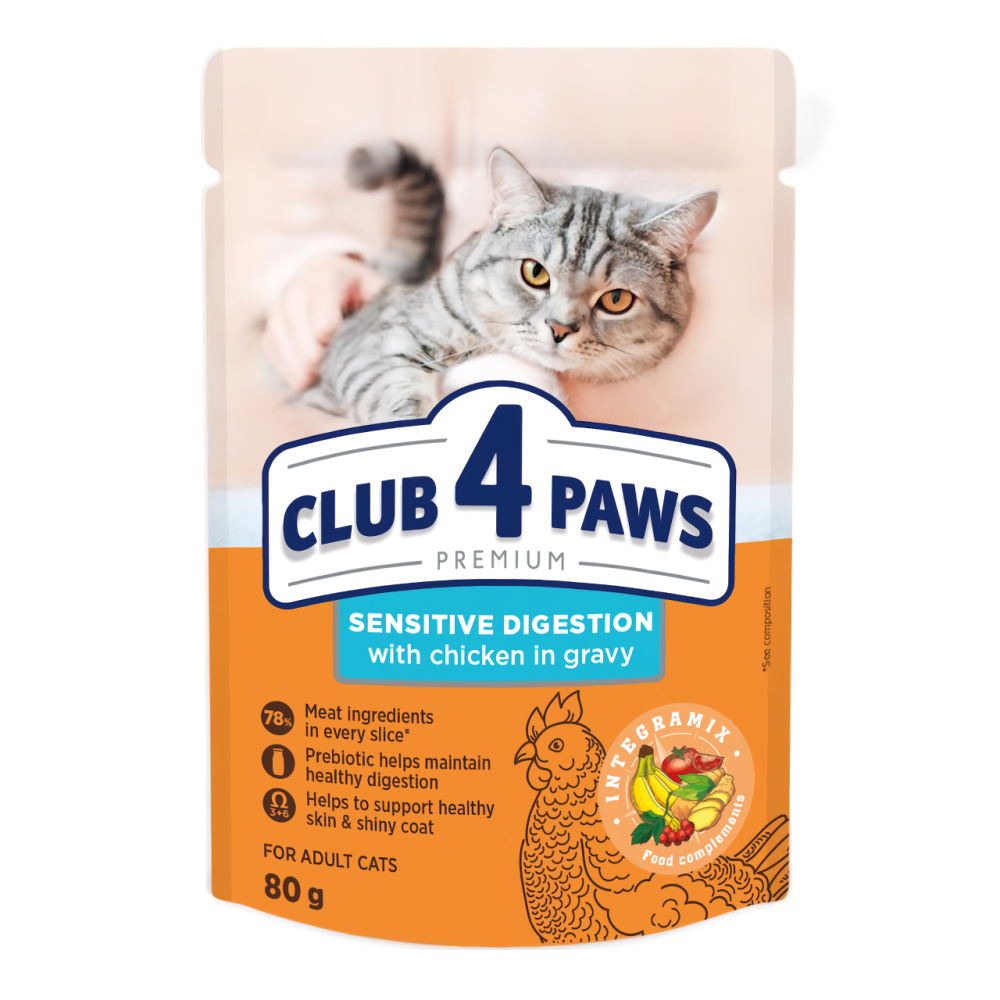 Влажный корм для взрослых кошек с чувствительным пищеварением CLUB 4 PAWS (Клуб 4 Лапы) с курицей в соусе, 80г Винница - изображение 1