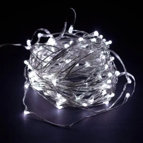 Новогодние гирлянды. Медная проволочная лампа 100LED 10м, (батарейки) Цвет белый Силиконовый провод (7108) Коломия