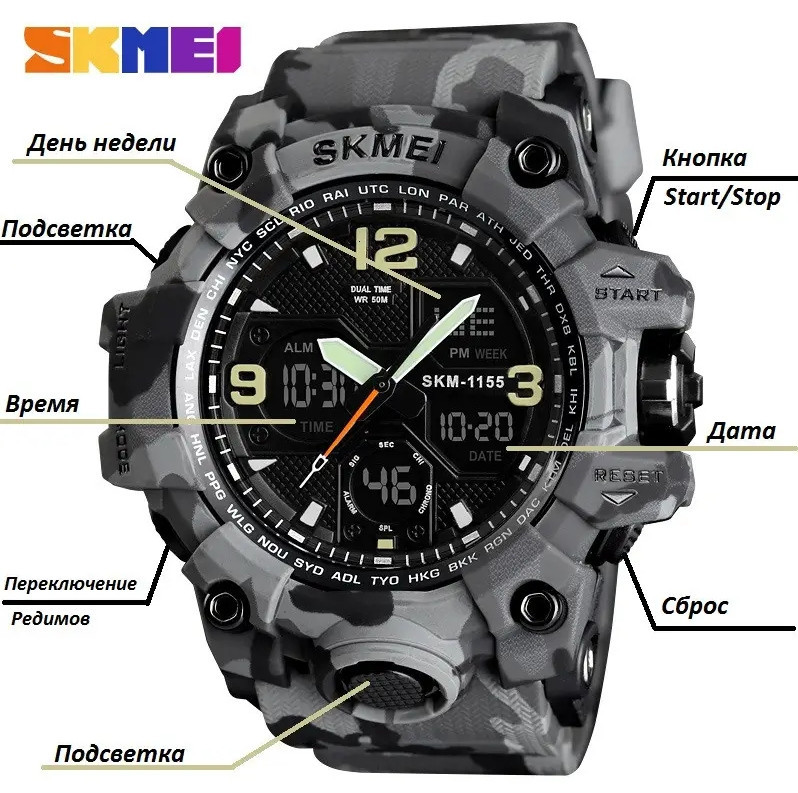 Чоловічий годинник Skmei Hamlet 1155 Сірий камуфляж Вінниця - фото 8