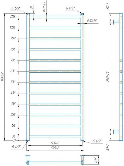 Водяна рушникосушарка Mario INOX Флет 1170х530/500 Київ - фото 5