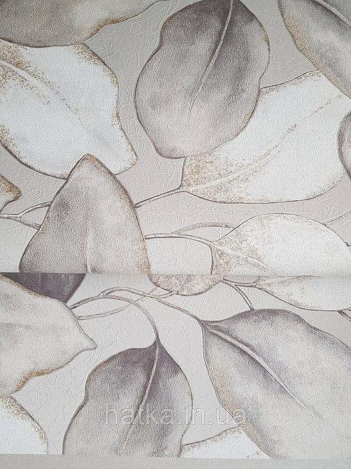 Шпалери вінілові на флізеліновій основі Rasch Incanto 1.06х10 листя великі білі світло-сірі золотисті Київ - фото 1