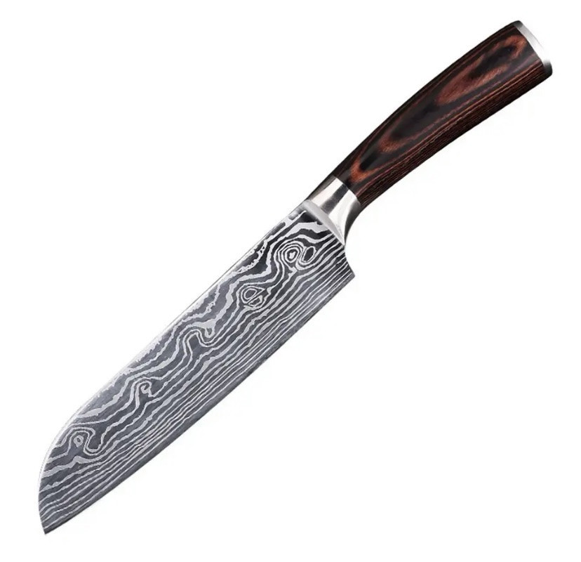 Кухонный нож Santoku для дома, нож для кемпинга и природы, 27,8 см, углеродистая сталь, коричневый Киев - изображение 2