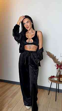 Жіночий стильний костюм-трійка: кофта топ і штани велюр плюш Чорний, 42/44 Одеса