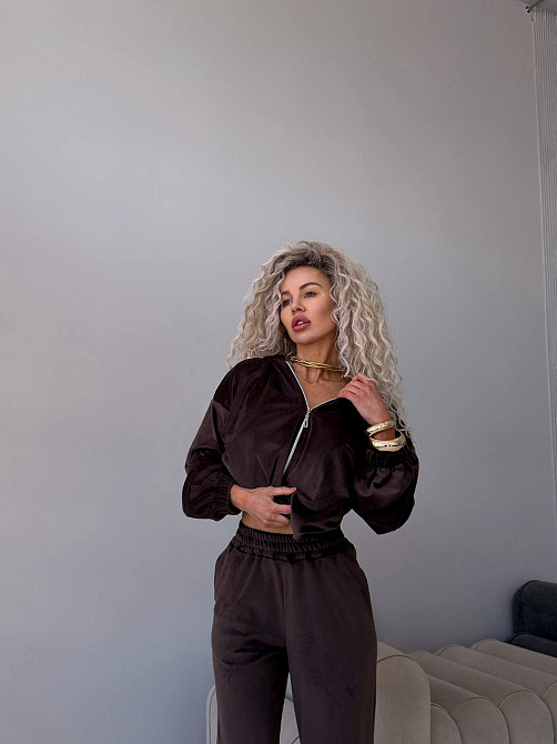 Жіночий велюровий костюм-трійка: кофта корсет і штани Шоколадний, 42/46 Одеса - фото 3