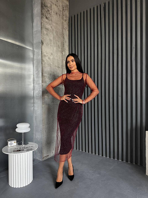 Женская элегантная вечерняя миди-платье вискоза и сетка молния Бордовый, 46/48 Одесса - изображение 6