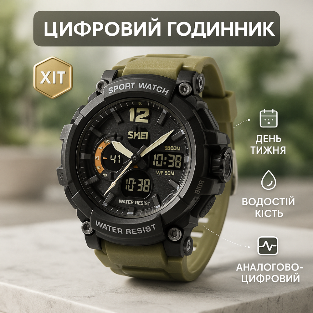 Часы наручные электронные тактические SKMEI 1343KH KHAKI, Водонепроницаемые часы с гарантией BI-65 Львов - изображение 15
