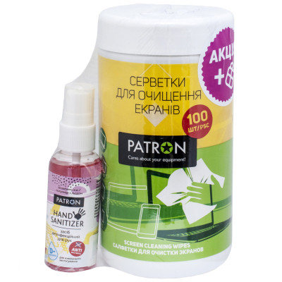 Універсальний чистячий набір Patron Screen wipes 100pcs F3-027 + Hand sanitizer 50ml (CS-PN-F3-050-2) Вінниця - фото 1