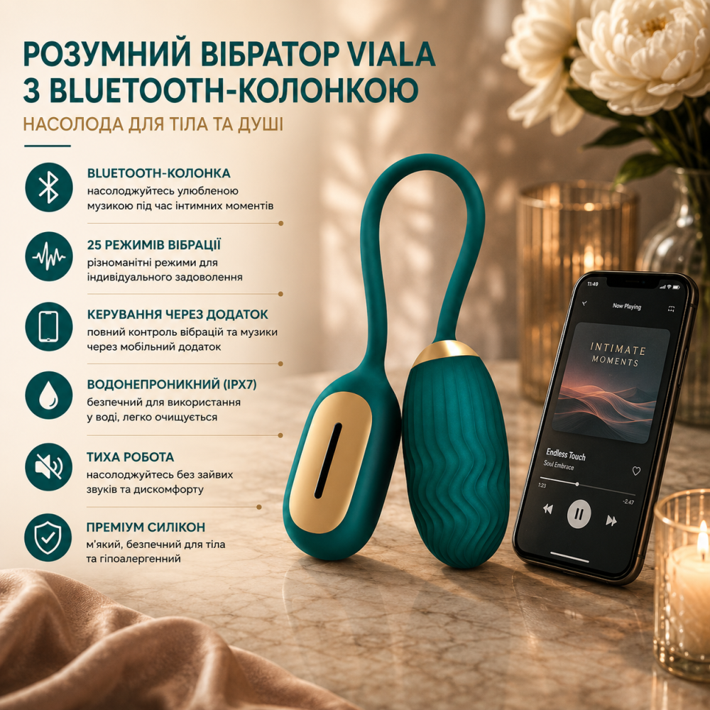 Розумний вібратор VIALA з Bluetooth-колонкою — Водонепроникний (IPX7), 25 режимів вібрації, керування через додаток Київ - фото 19
