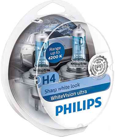 Комплект галогенных ламп PHILIPS H4 12342WVUSM WhiteVision Ultra +60% 4200K 60/55W 12V P43t Харьков