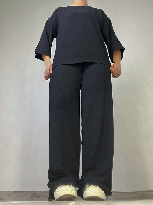 Костюм женский 1005-0712 жаткая рубашка короткий рукав разрезы и брюки палаццо черный, черный, S Киев - изображение 11