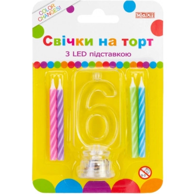 Свічка Maxi 4 шт. на торт з LED підставкою "6", що світиться (MX701007-6) Вінниця - фото 1