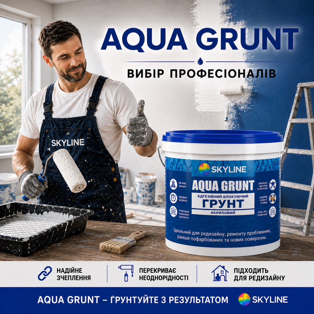 Ґрунтовка акрилова адгезійна блокувальна Skyline Aqua Grunt, біла, без запаху, для фарбованих поверхонь, 10 л Харків - фото 15