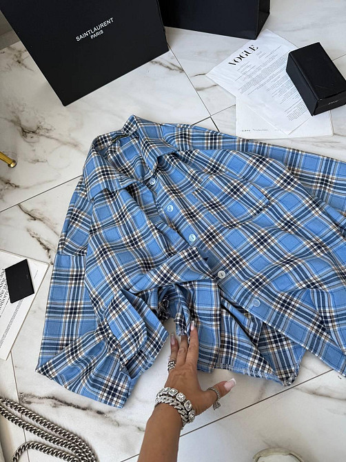 Женская стильная оверсайз рубашка в клетку фланель 100% коттон Голубой Одесса - изображение 4