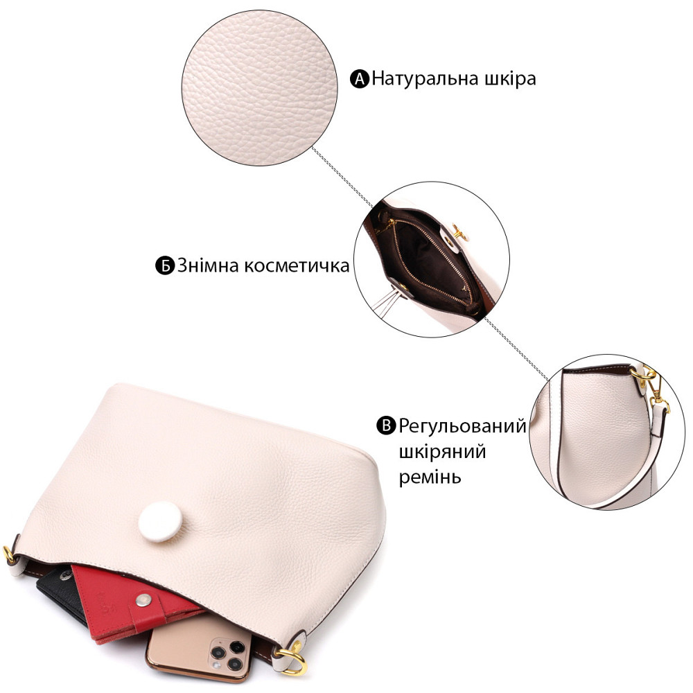 Кожаная женская сумка с оригинальной застежкой пуговкой Vintage 22321 Белая Киев - изображение 4