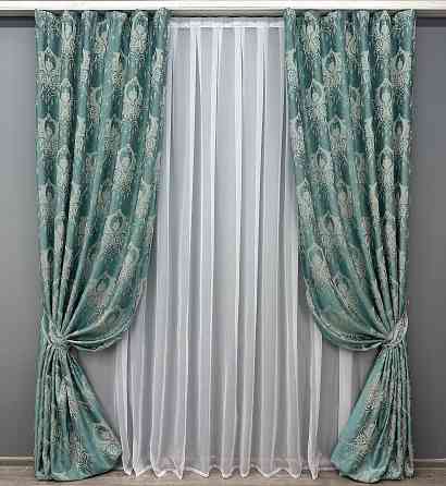 Комплект готових штор VR-Textil Парча № 1777ш Бірюзовий з молочним 130х290 см 2 шт (39-957) Київ