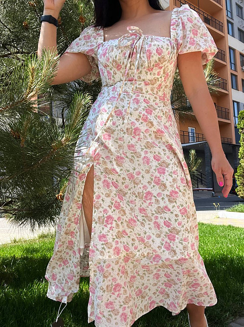 Сукня жіноча літня A-N 2669 квітковий принт розріз шнурок на грудях довге рожева, рожевий, M Київ - фото 10