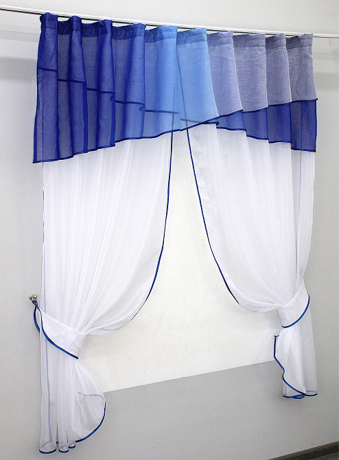 Кухонные шторы VR-Textil № 091к с ламбрекеном и подвязками белый с синим 260х170 см (59-547) Киев - изображение 2