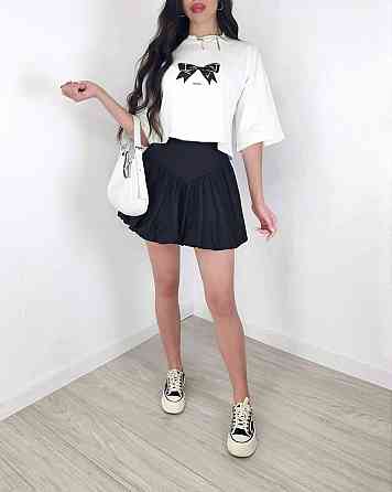 Женский летний романтичный костюм двойка: футболка и юбка турецкий кулир + коттон Черный, 46/48 Одесса