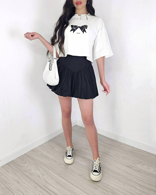 Женский летний романтичный костюм двойка: футболка и юбка турецкий кулир + коттон Черный, 46/48 Одесса - изображение 3