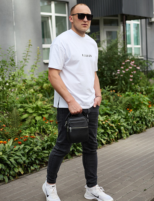 Чоловіча шкіряна барсетка 21х17х7, сумка для міста, компактний месенджер для щоденного використання, чорна Кам'янське - фото 8